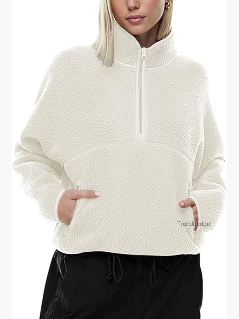 Half Zip Cropped Sherpa Fleece Jacket With Pockets